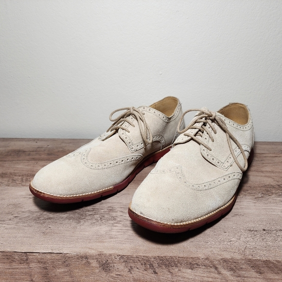 Cole Haan Grandsprint Wingtip Oxfords Mens Beige Suede Leather Shoes Size 10.5M - Picture 2 of 11
